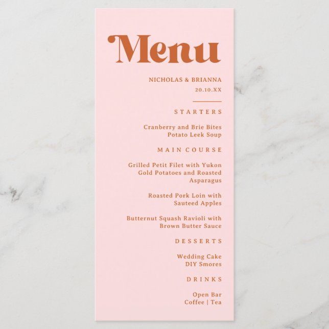 Retro 70s Disco Red Orange Pink Wedding Menu (Front)