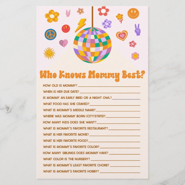 Retro 70's Disco Who Knows Mummy Baby Shower Game Stationery (Front)