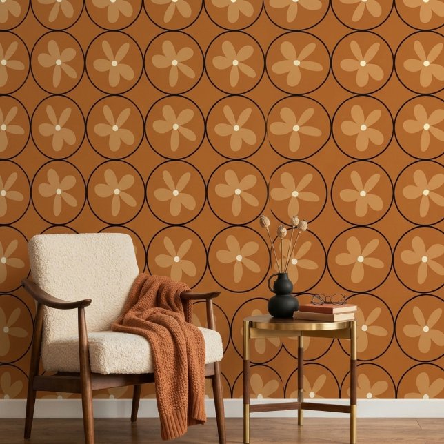 Retro 70s Floral Burnt Orange Terracotta Geometric Wallpaper (Creator Uploaded)
