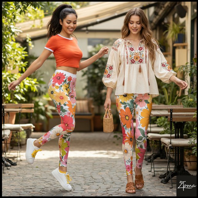 Retro 70s Floral Groovy Daisy Backdrop Leggings (Creator Uploaded)