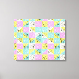 Retro 70s Floral Pastel Pink & Teal Chequerboard  Canvas Print