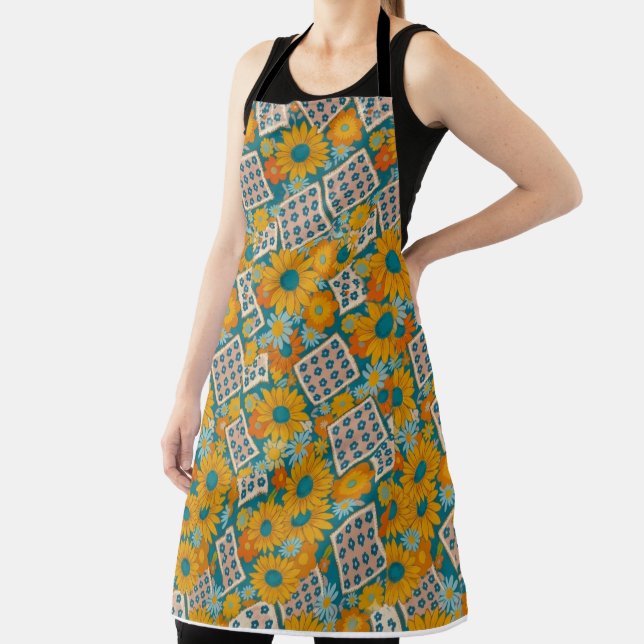 Retro 70s Floral Patchwork Pattern Apron (Insitu)