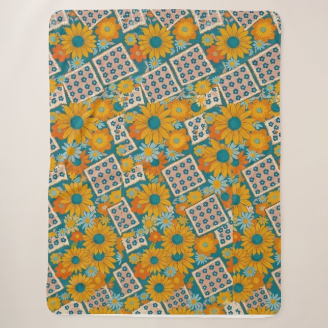 Retro 70s Floral Patchwork Pattern Sherpa Blanket (Front)