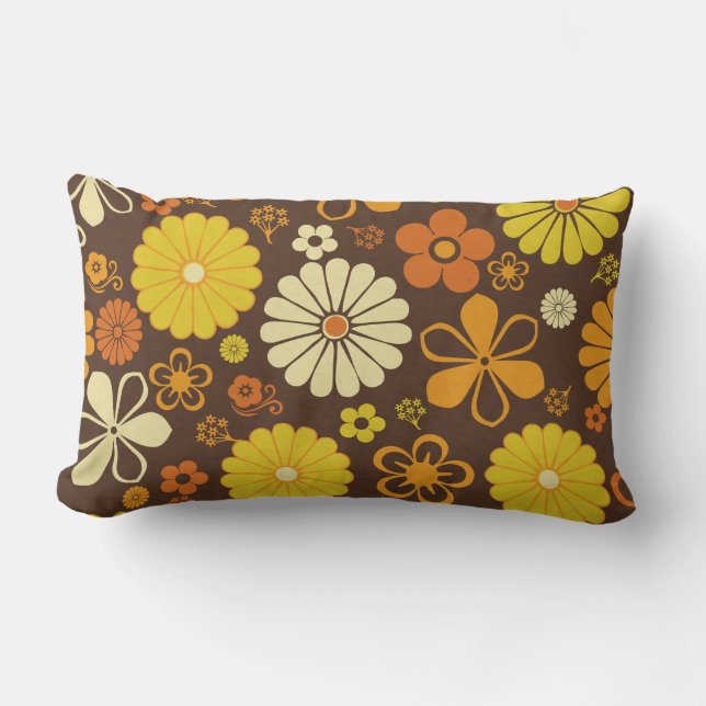 Retro 70s Floral Pattern Brown Orange Yellow Lumbar Cushion (Front)