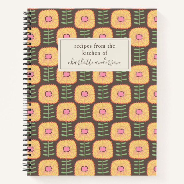 Retro 70s Floral Pattern Brown Personalised Recipe Notebook (Front)