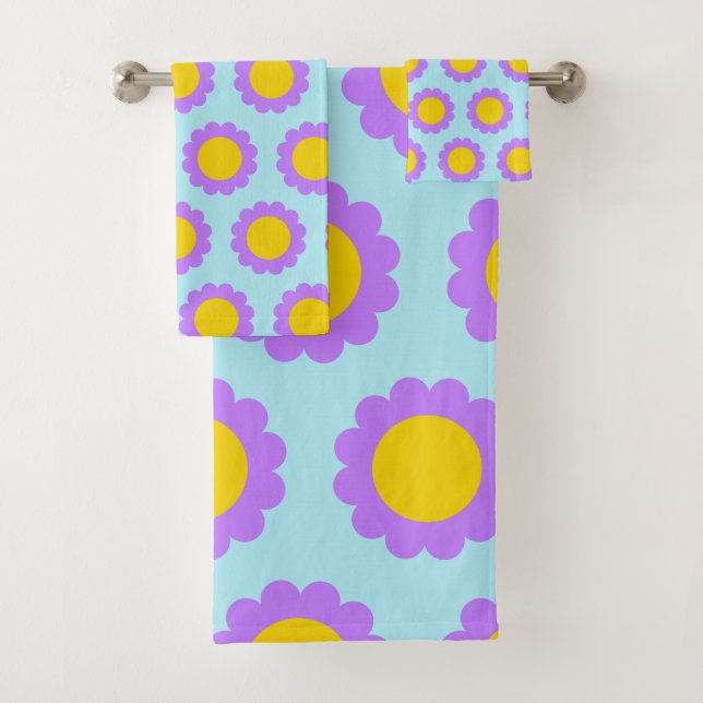 Retro 70s Floral Pattern in Blue Purple and Yellow Bath Towel Set (Insitu)