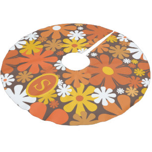 Retro 70s Floral Pattern Orange Brown with Initial Brushed Polyester Tree Skirt