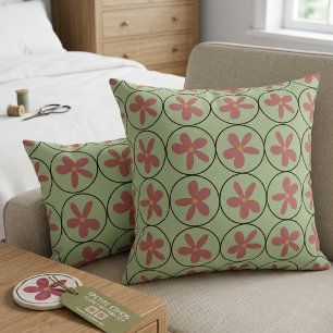 Retro 70s Floral Sage Green and Pink Geometric Cushion