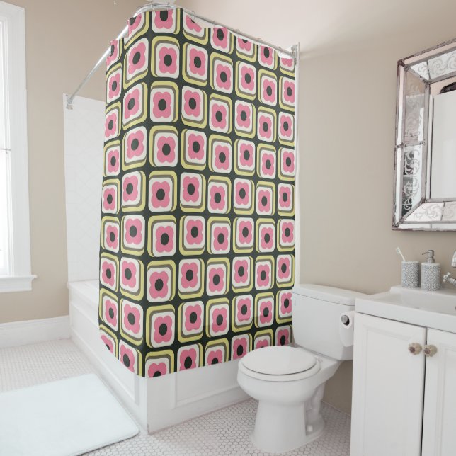 Retro 70s Floral Squares Pink, Yellow, Green Shower Curtain (In Situ)