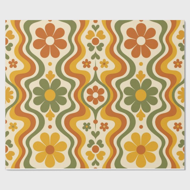 Retro 70s Floral Wrapping Paper Pattern (Flat)