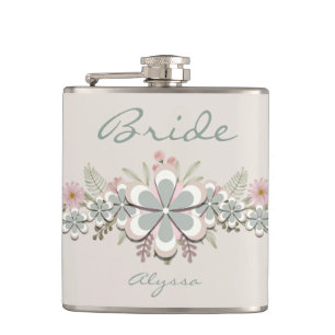 Retro 70's Flower Power Green-White Bride  Hip Flask