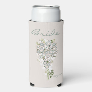 Retro 70's Flower Power Green-White Bride   Seltzer Can Cooler