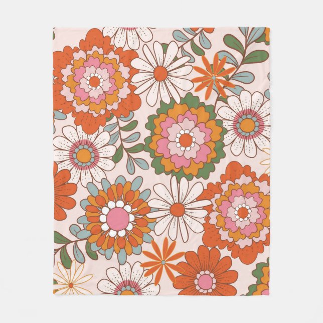Retro 70s Flower Power Seamless Floral Pattern Fleece Blanket (Front)