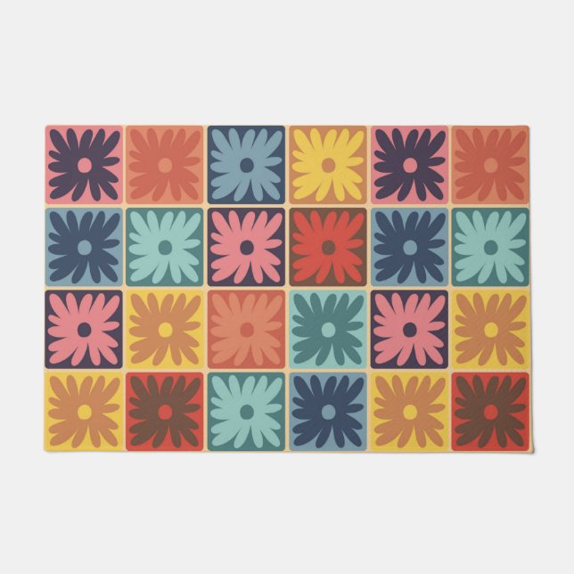 Retro 70s flower squares chequered pattern doormat (Front)