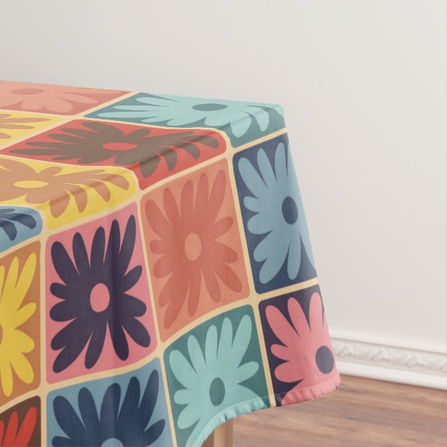 Retro 70s flower squares chequered pattern tablecloth (In Situ)