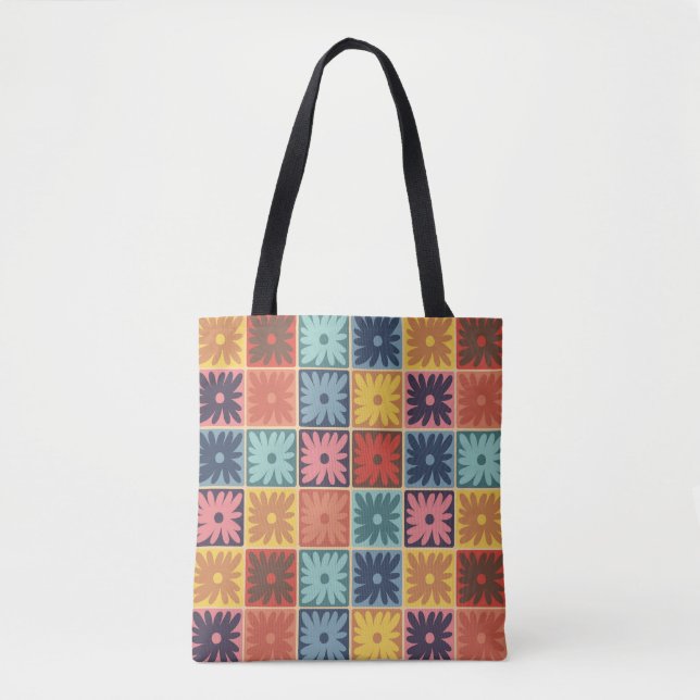 Retro 70s flower squares chequered pattern tote bag (Front)