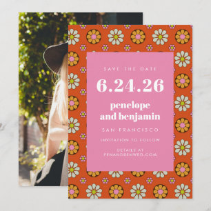 Retro 70s Flowers Bold Orange Pink Picture Wedding Save The Date