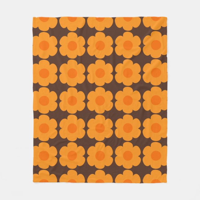 Retro 70s Flowers Floral Pattern Orange and Brown Fleece Blanket (Front)
