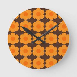 Retro 70s Flowers Floral Pattern Orange and Brown Round Clock