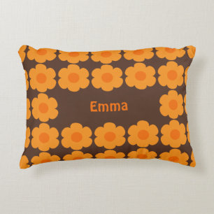 Retro 70s Flowers Personalised Brown and Orange Decorative Cushion