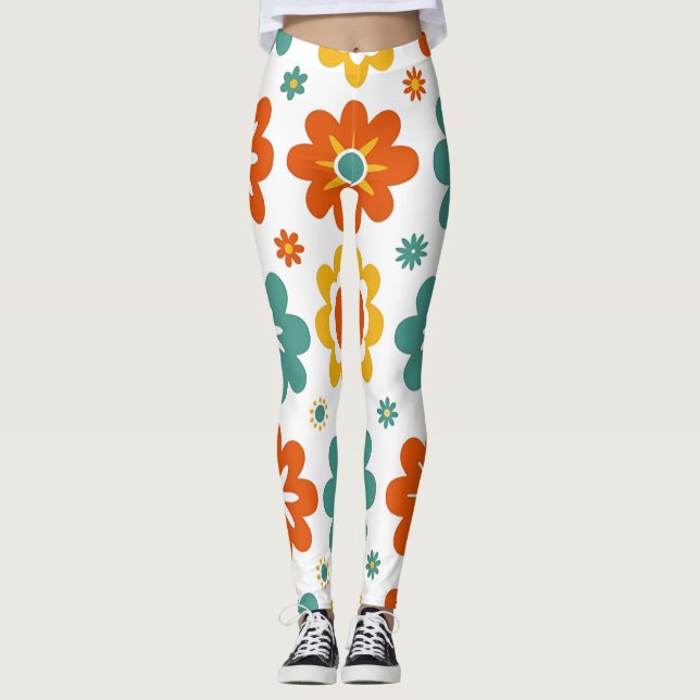 Retro 70s Geometric Flower Power Boho Leggings (Front)