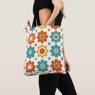 Retro 70s Geometric Flower Power Boho Tote Bag