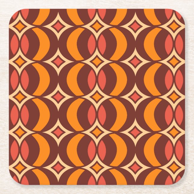 Retro 70s Geometric Globe Pattern Autumn Square Paper Coaster (Front)