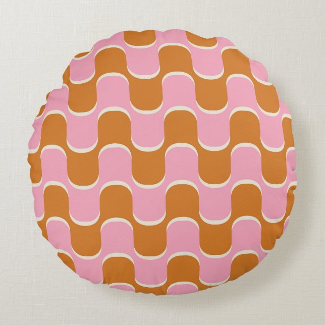 Retro 70s: Gold-Pink Wavy Pattern. Round Cushion (Front)