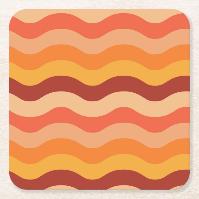 Retro 70s groovy abstract waves orange and yellow  square paper coaster (Front)