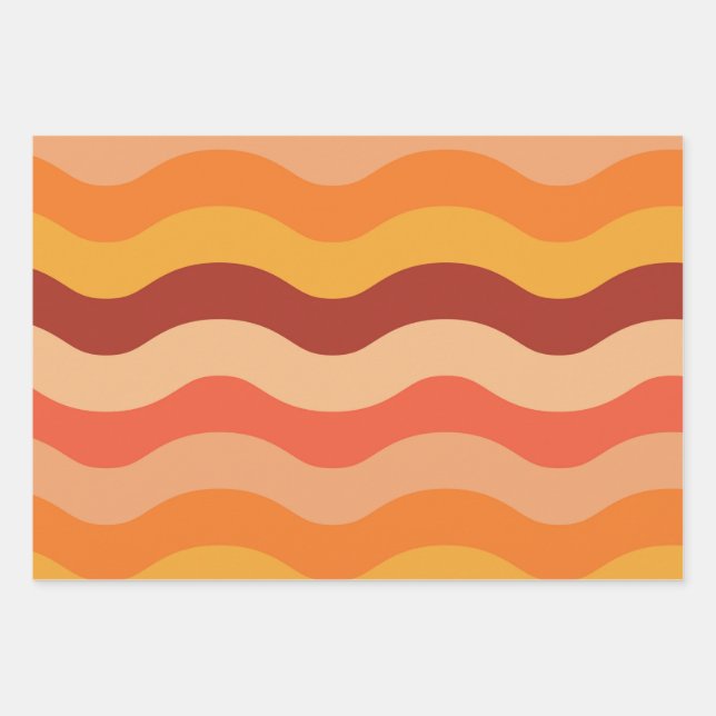 Retro 70s groovy abstract waves orange and yellow  wrapping paper sheet (Front 3)