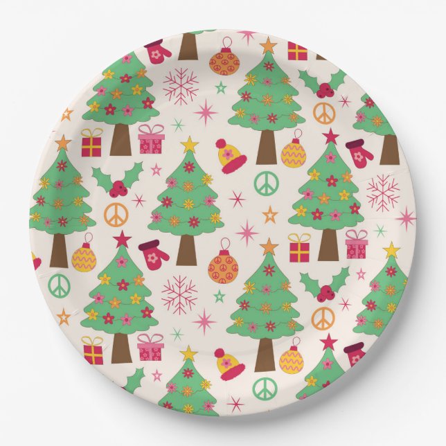 Retro 70s Groovy Christmas Trees Pattern  Paper Plate (Front)