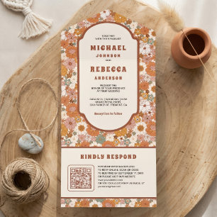 Retro 70's Groovy Colourful Floral QR Code Wedding All In One Invitation