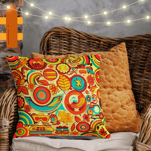 Retro 70s Groovy Fall Autumn Elements Pattern  Cushion