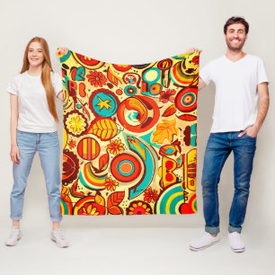Retro 70s Groovy Fall Autumn Elements Pattern  Fleece Blanket
