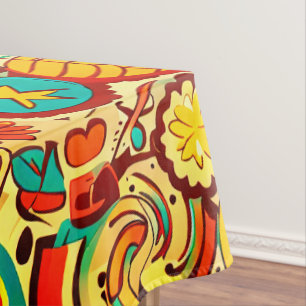 Retro 70s Groovy Fall Autumn Elements Pattern  Tablecloth