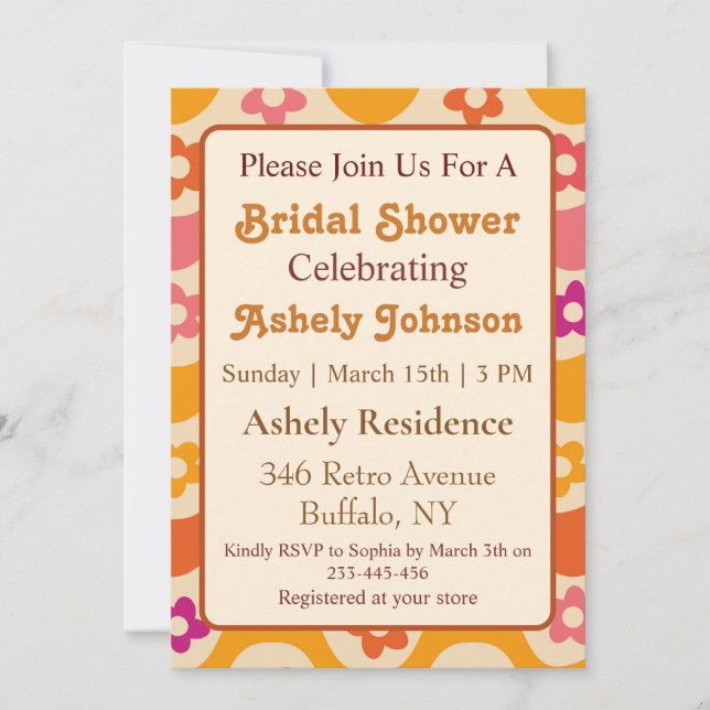 Retro 70s Groovy Floral Bridal Shower Invitation (Front)