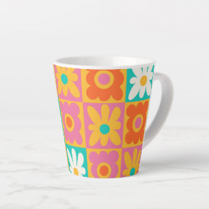 Retro 70s Groovy Floral Chequerboard Colourful Latte Mug