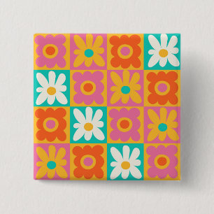 Retro 70s Groovy Floral Chequerboard Colourful Pat 15 Cm Square Badge