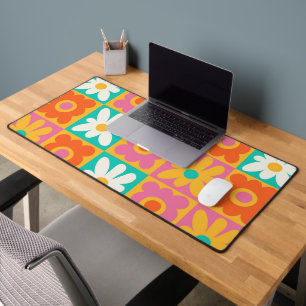 Retro 70s Groovy Floral Chequerboard Colourful Pat Desk Mat