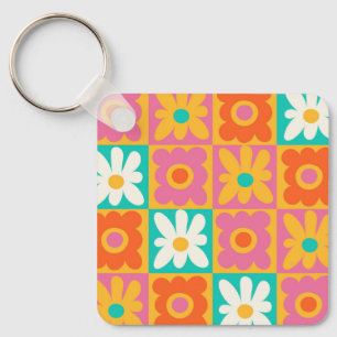 Retro 70s Groovy Floral Chequerboard Colourful Pat Key Ring