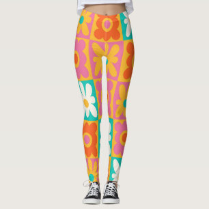 Retro 70s Groovy Floral Chequerboard Colourful Pat Leggings