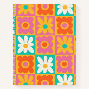 Retro 70s Groovy Floral Chequerboard Colourful Pat Notebook