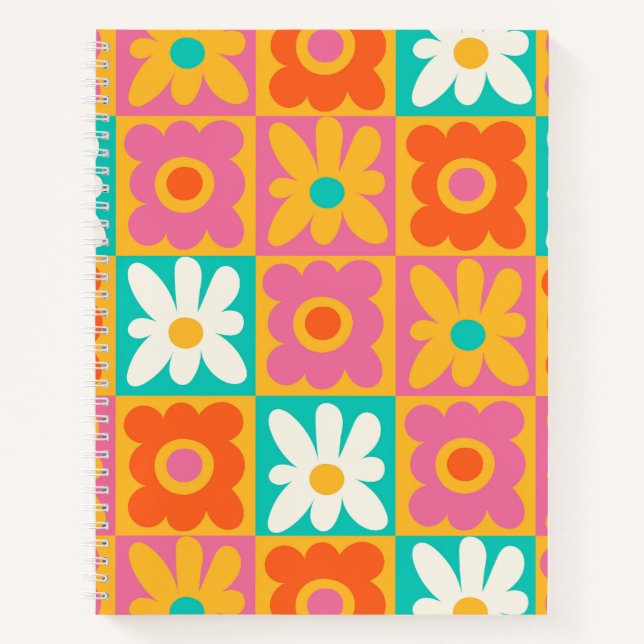 Retro 70s Groovy Floral Chequerboard Colourful Pat Notebook (Front)