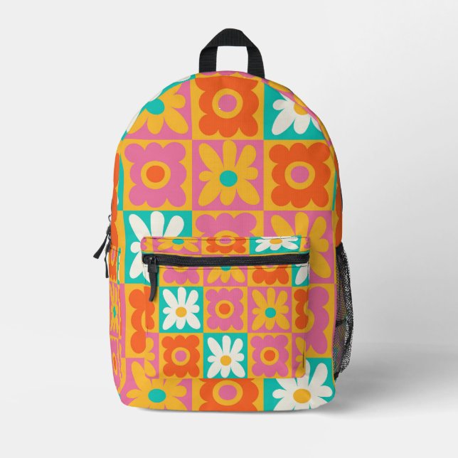 Retro 70s Groovy Floral Chequerboard Colourful Pat Printed Backpack (Front)