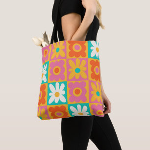 Retro 70s Groovy Floral Chequerboard Colourful Pat Tote Bag