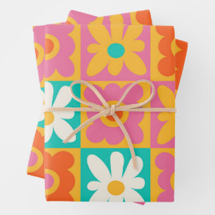 Retro 70s Groovy Floral Chequerboard Colourful Pat Wrapping Paper Sheet