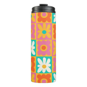 Retro 70s Groovy Floral Chequerboard Colourful Thermal Tumbler