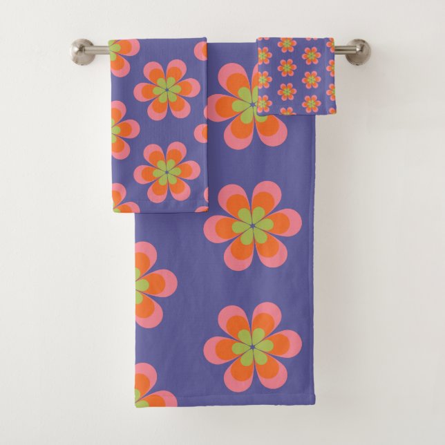 Retro 70s Groovy Flower Pattern in Purple Bath Towel Set (Insitu)