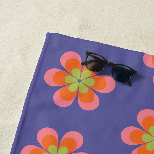 Retro 70s Groovy Flower Pattern in Purple Beach Towel (In Situ)