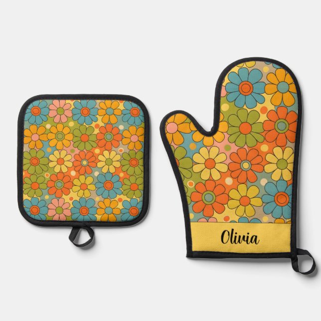 Retro 70s Groovy Flower Power Oven Mitt & Pot Holder Set (Front)